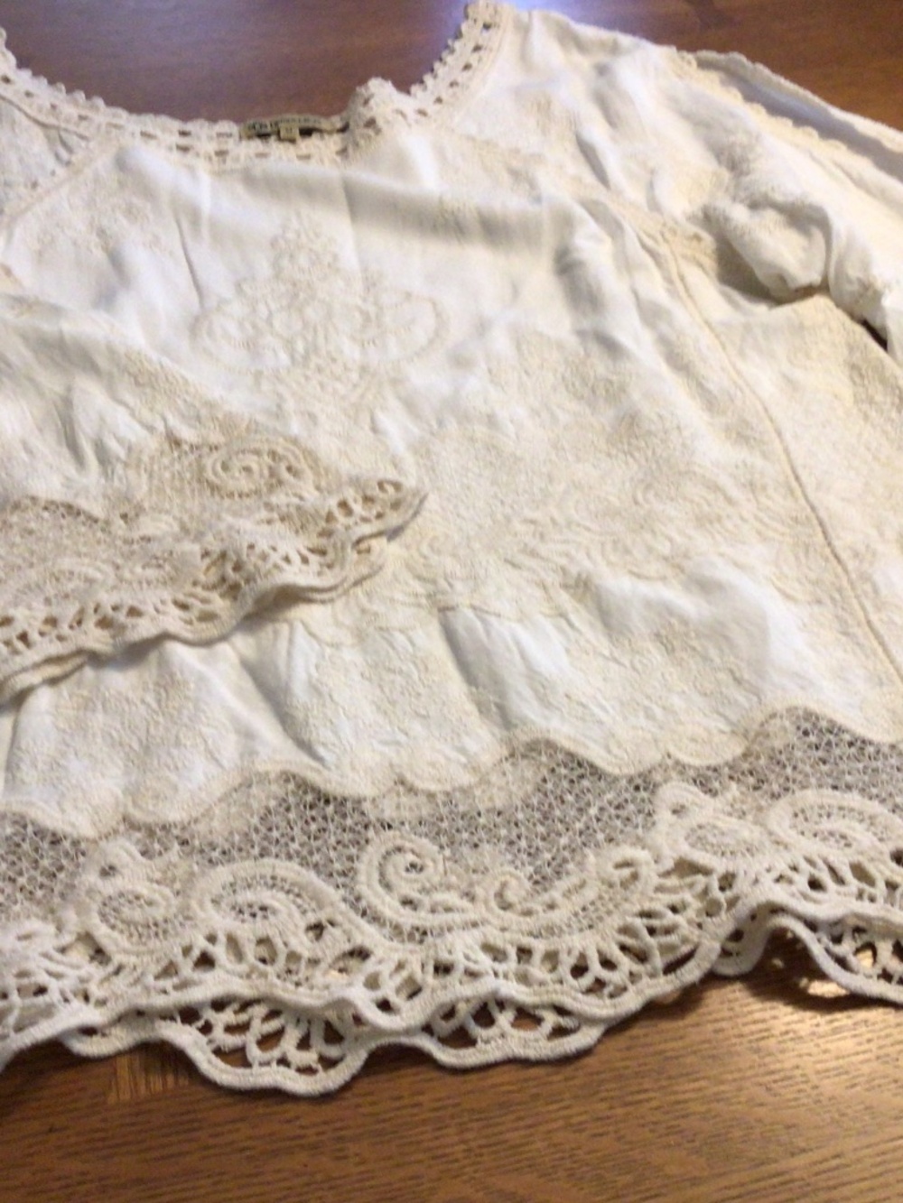 Democracy ivory crochet/lace top with bell sleeves.